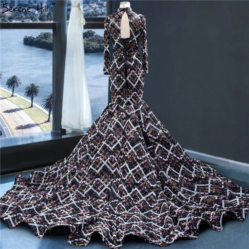 Dubai Black Colorful Sequins Wedding Dresses 2024 Long Sleeve Luxury Mermaid Wedding Gowns HM67018 Custom Made