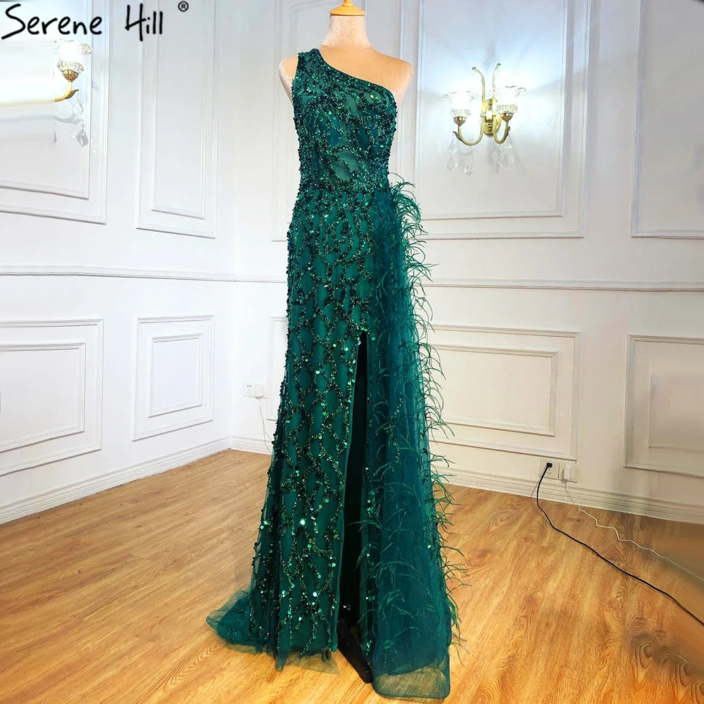 Pink Luxury One Shouder Split Evening Dresse 2023 Elegant Mermaid Beading Gowns Feathers For Women Party BLA70829 Serene Hill
