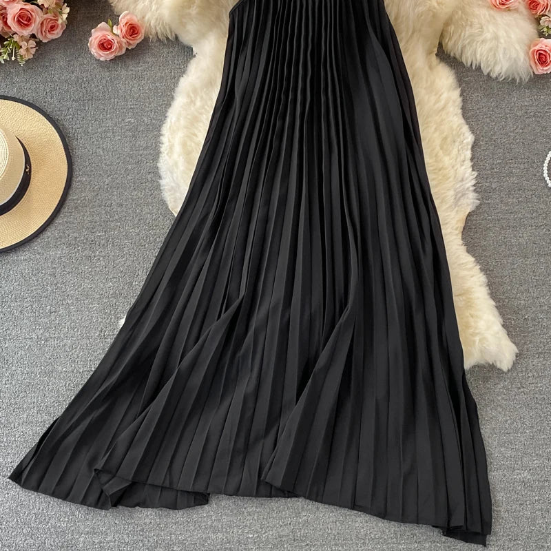 Pinkou Women Stylish Solid Midi Dress Spaghetti Straps O Neck Pleated Red Black Summer Beach Style Mid Calf Dresses QA655