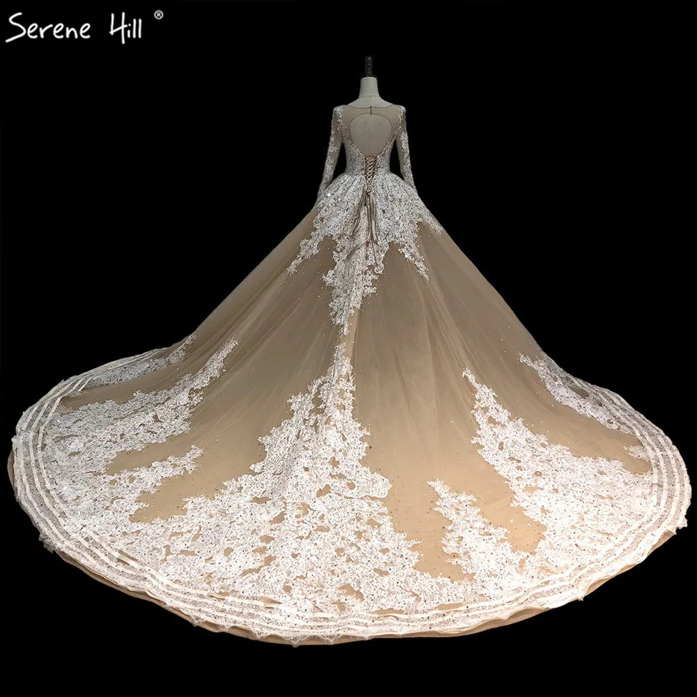 Dubai Champagne Long Sleeves Luxury Wedding Dresses 2024 Handmade Flowers Sequined Bridal Gowns HA2222 Custom Made