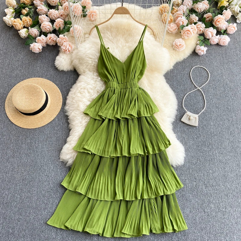 Women Beach Midi Dress 2021 New Summer Sexy V-neck Pleat Layer Ruffled Beach Dresses Ladies Elegant A Line Long Robe Vestido
