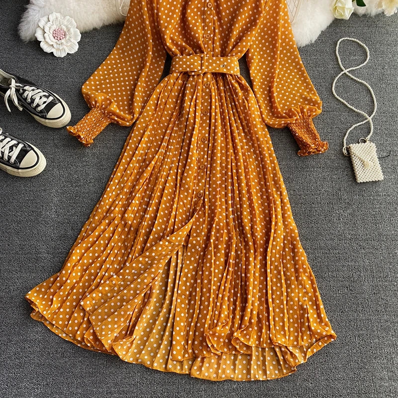 Women's Long Sleeve Polka Dot Pleated Dress Autumn Fashion Vintage Chiffon Casual Shirt Dresses Solid Chic Elegant Female Robe