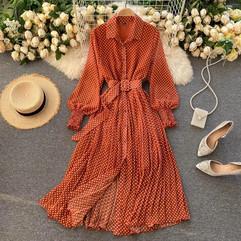 Women's Long Sleeve Polka Dot Pleated Dress Autumn Fashion Vintage Chiffon Casual Shirt Dresses Solid Chic Elegant Female Robe