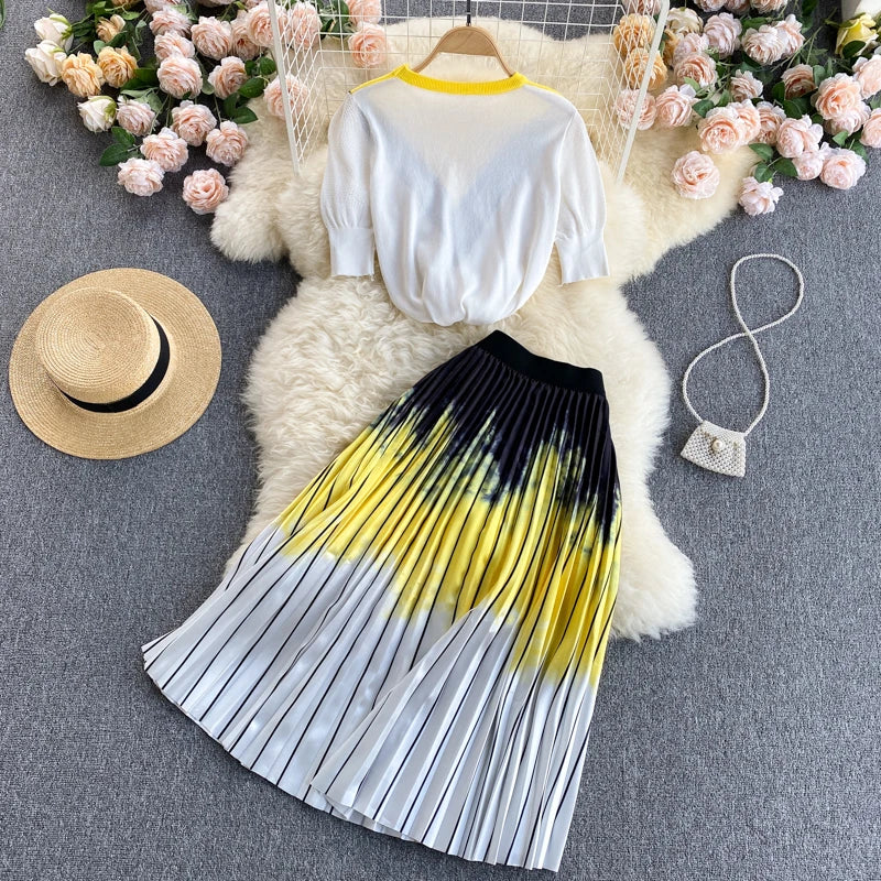 Pinkou Women Elegant Print Blouse Suit Short Sleeve Knitted Shirt Elastic Waist Midi Pleated Skirt Office Summer Chic Set TZ22