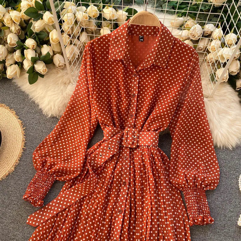 Women's Long Sleeve Polka Dot Pleated Dress Autumn Fashion Vintage Chiffon Casual Shirt Dresses Solid Chic Elegant Female Robe