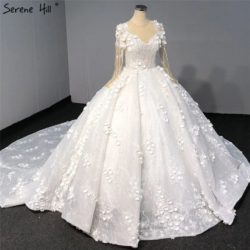 Ivory Long Sleeves Handmade Flowers Wedding Dresses 2024 Dubai O-Neck Vintage Princess Bridal Gowns HA2263 Custom Made