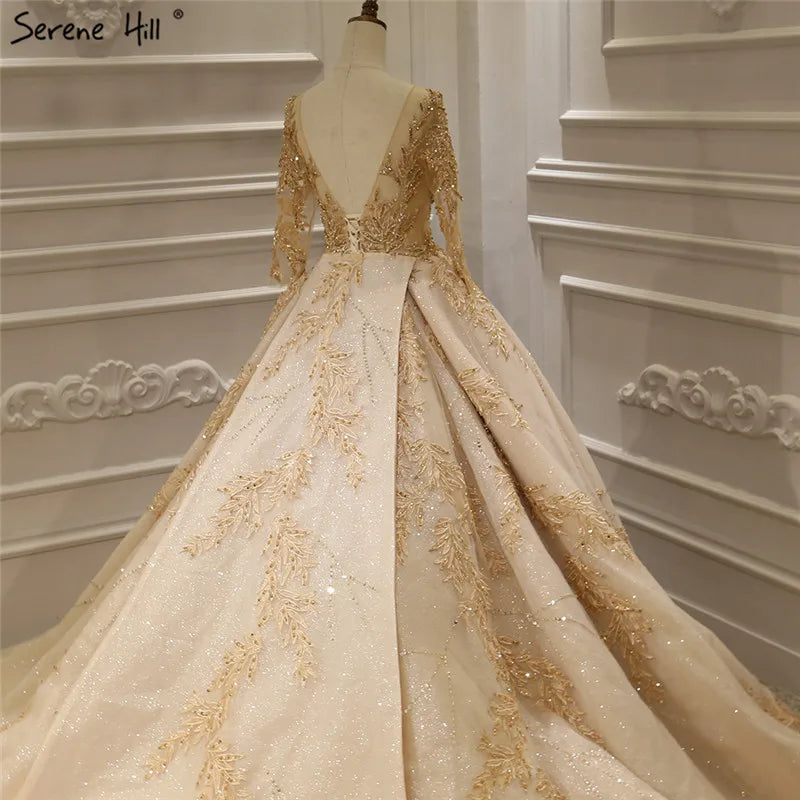 Gold Extreme Luxury Long Sleeves Wedding Dresses 2024 Handmade Flowers Sequined Vintage Bridal Gown HA2184 Custom Made