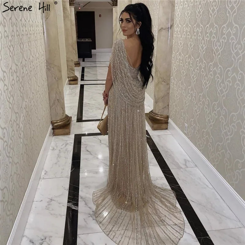 Luxury Champagne Split Evening Dresses 2024 Diamond Beaded Sleeveless Mermaid Formal Serene Hill LA70301