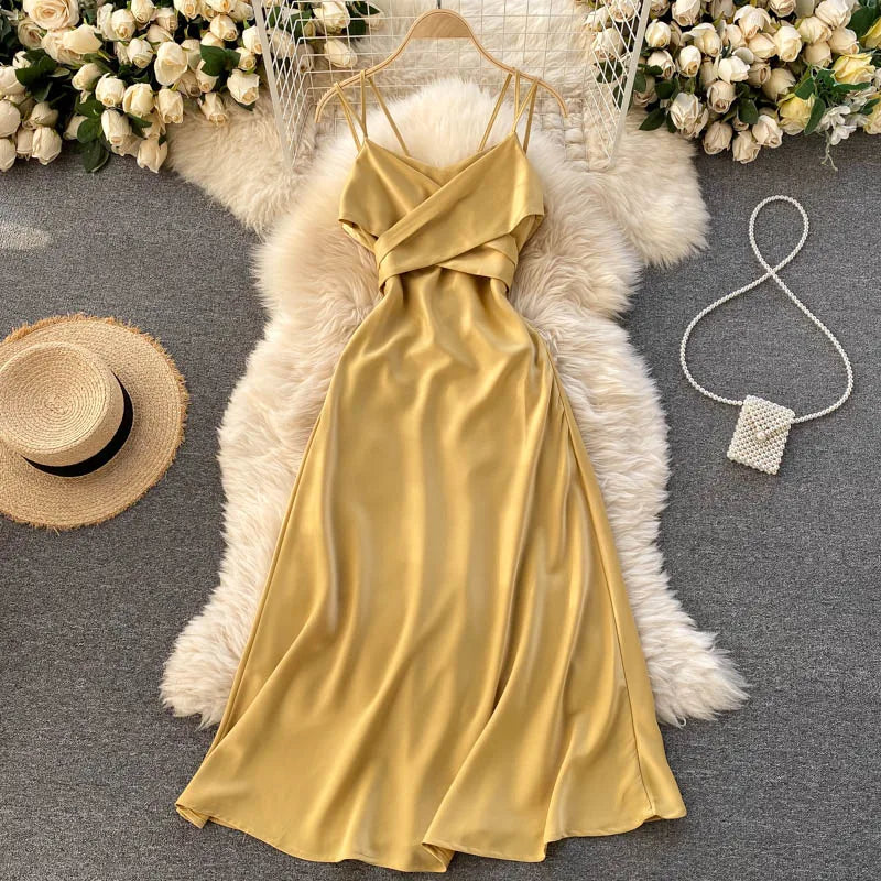 New Women Casual Long Dress Summer Cross V-neck Sexy Off-shoulder Dresses Ladies Sleeveless Slim Satin Long Robe Vestidos