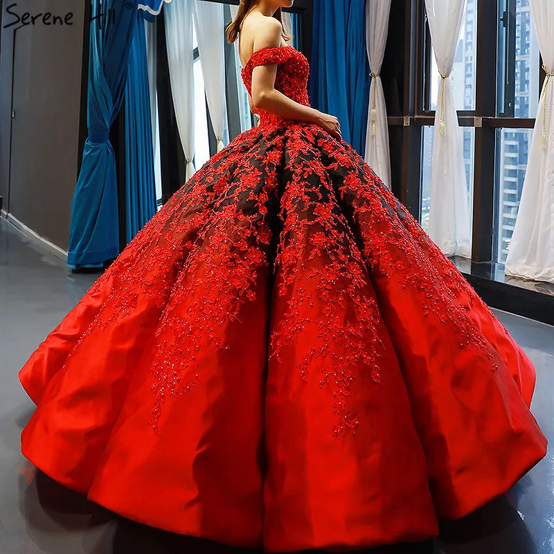 Black Red Off Shoulder Sexy Wedding Dress 2024 Vintage High-end Flowers Pearls Bridal Gowns Real Photo HM66842 Custom Made