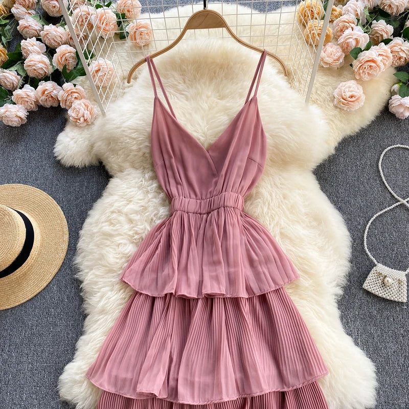 Women Beach Midi Dress 2021 New Summer Sexy V-neck Pleat Layer Ruffled Beach Dresses Ladies Elegant A Line Long Robe Vestido