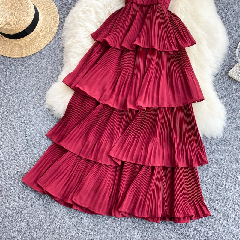 Women Beach Midi Dress 2021 New Summer Sexy V-neck Pleat Layer Ruffled Beach Dresses Ladies Elegant A Line Long Robe Vestido
