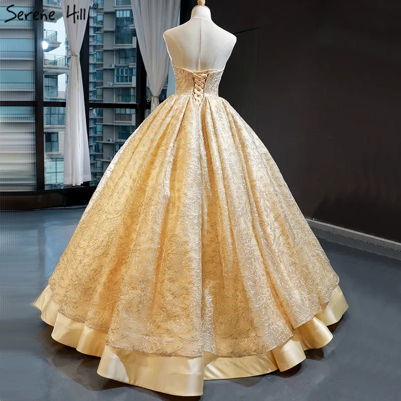 Gold Sexy Sleeveless Luxury Wedding Dresses Design 2024 Off Shoulder Satin Lace Up Bridal Gowns HM66938 Custom Made