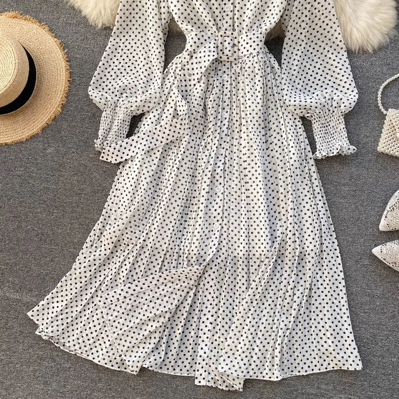 Women's Long Sleeve Polka Dot Pleated Dress Autumn Fashion Vintage Chiffon Casual Shirt Dresses Solid Chic Elegant Female Robe