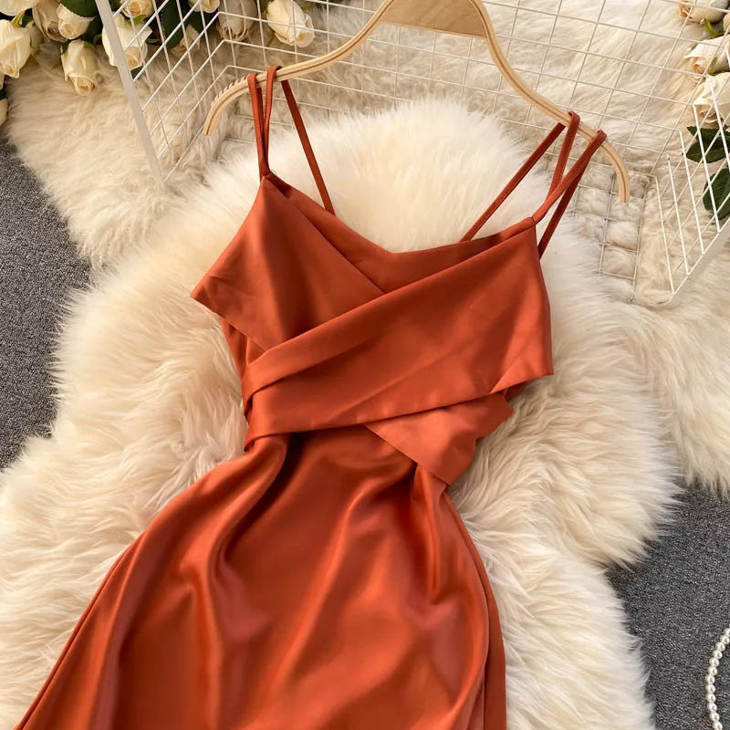 New Women Casual Long Dress Summer Cross V-neck Sexy Off-shoulder Dresses Ladies Sleeveless Slim Satin Long Robe Vestidos