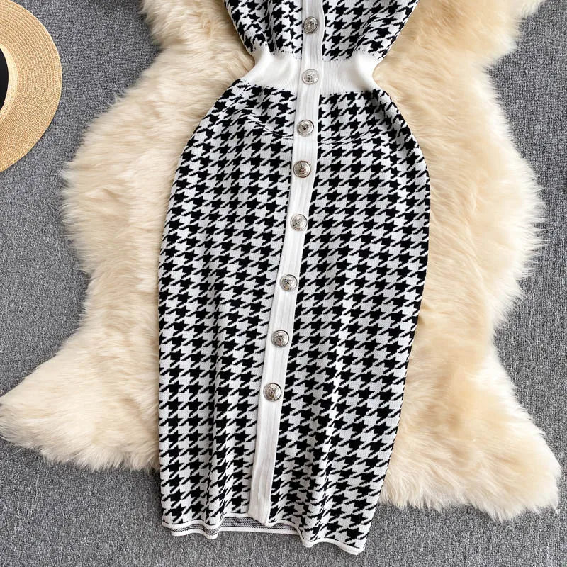 Pinkou Women Stylish Houndstooth Tweed Dress Short Sleeve Pockets Stretchy Slim Dresses V Neck Sheath Midi Vestidos QA52