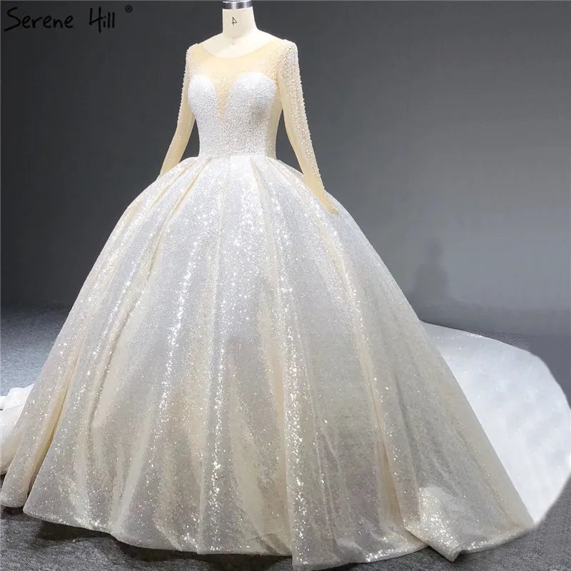 Dubai White Luxury Long Sleeves Wedding Dresses 2024 O-Neck Sequined Beading Lace Up Bridal Gowns Serene Hill HA2266 Cusotm Made