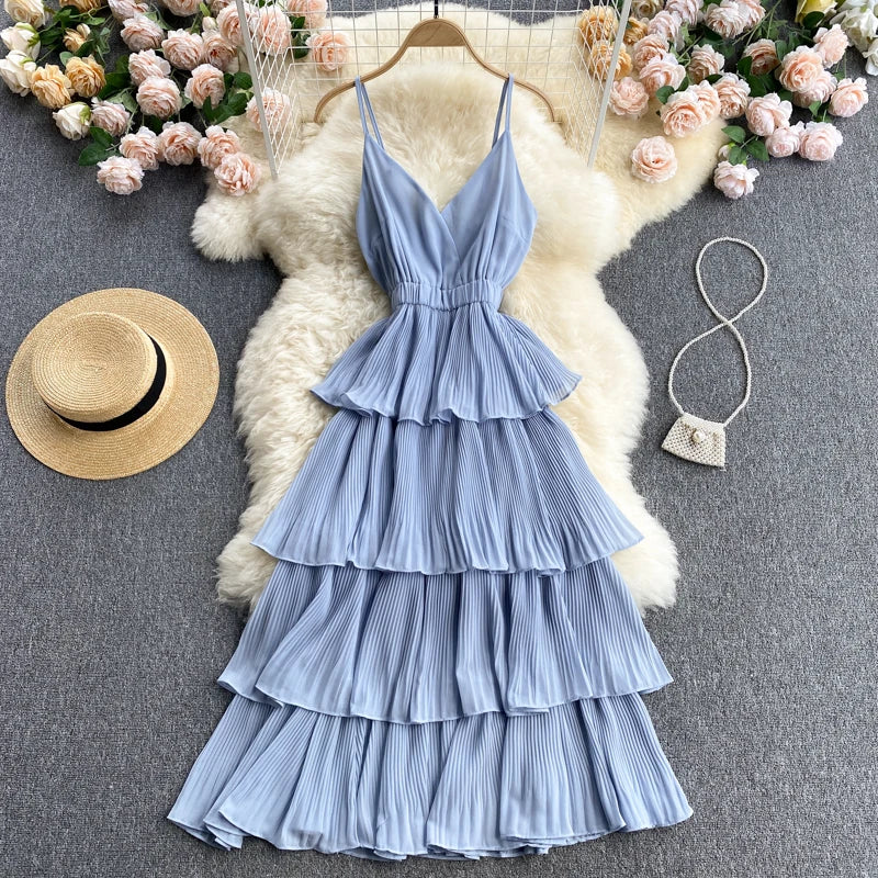 Women Beach Midi Dress 2021 New Summer Sexy V-neck Pleat Layer Ruffled Beach Dresses Ladies Elegant A Line Long Robe Vestido