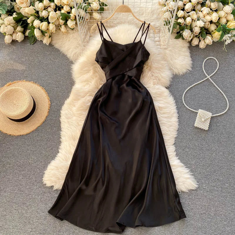 New Women Casual Long Dress Summer Cross V-neck Sexy Off-shoulder Dresses Ladies Sleeveless Slim Satin Long Robe Vestidos