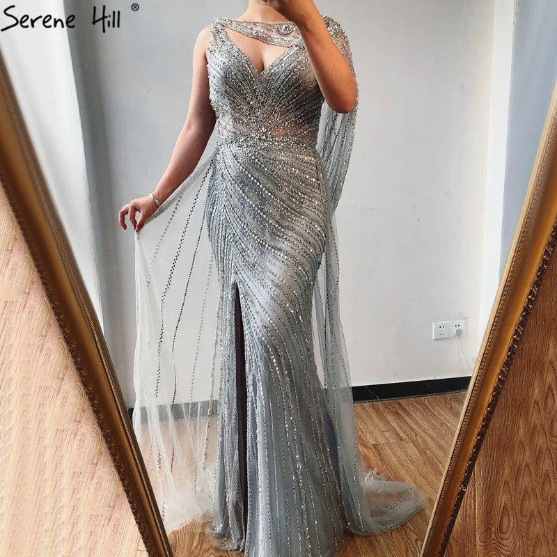 Luxury Champagne Split Evening Dresses 2024 Diamond Beaded Sleeveless Mermaid Formal Serene Hill LA70301