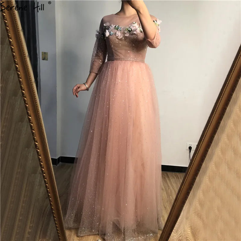 2024 New Fashion Half Sleeves Evening Dresses Beach Flowers Crystal Sparkle Formal Evening Gowns Serene Hill LA6536