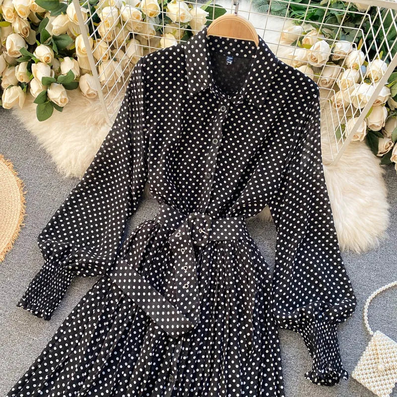 Women's Long Sleeve Polka Dot Pleated Dress Autumn Fashion Vintage Chiffon Casual Shirt Dresses Solid Chic Elegant Female Robe