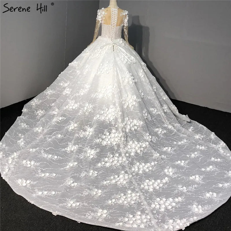Ivory Long Sleeves Handmade Flowers Wedding Dresses 2024 Dubai O-Neck Vintage Princess Bridal Gowns HA2263 Custom Made