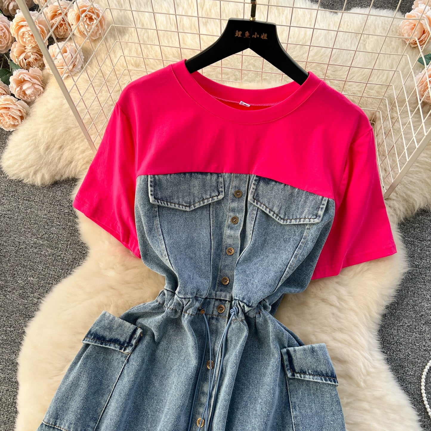 Spring Fashion Elegant Casual Women Patchwork Mini Denim Dress Vintage Slim Drawstring Dresses Female Party Clothes Robe New