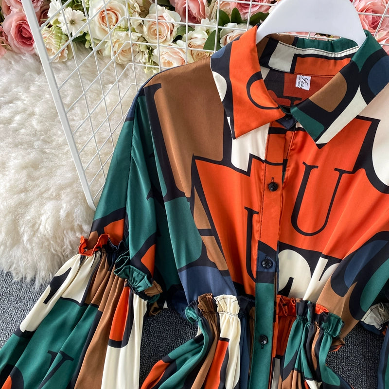 Vintage Women Casual Print Long Party Shirts Dress Elegant Single Breasted A-Line Prom Birthday Clothes Female Fashion Robe New