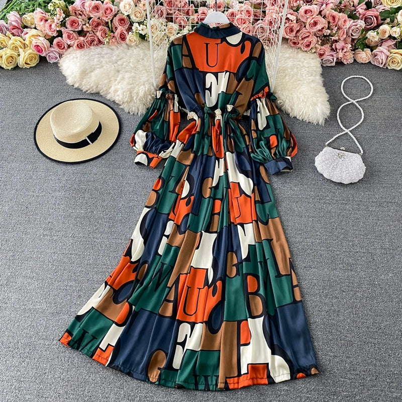 Vintage Women Casual Print Long Party Shirts Dress Elegant Single Breasted A-Line Prom Birthday Clothes Female Fashion Robe New