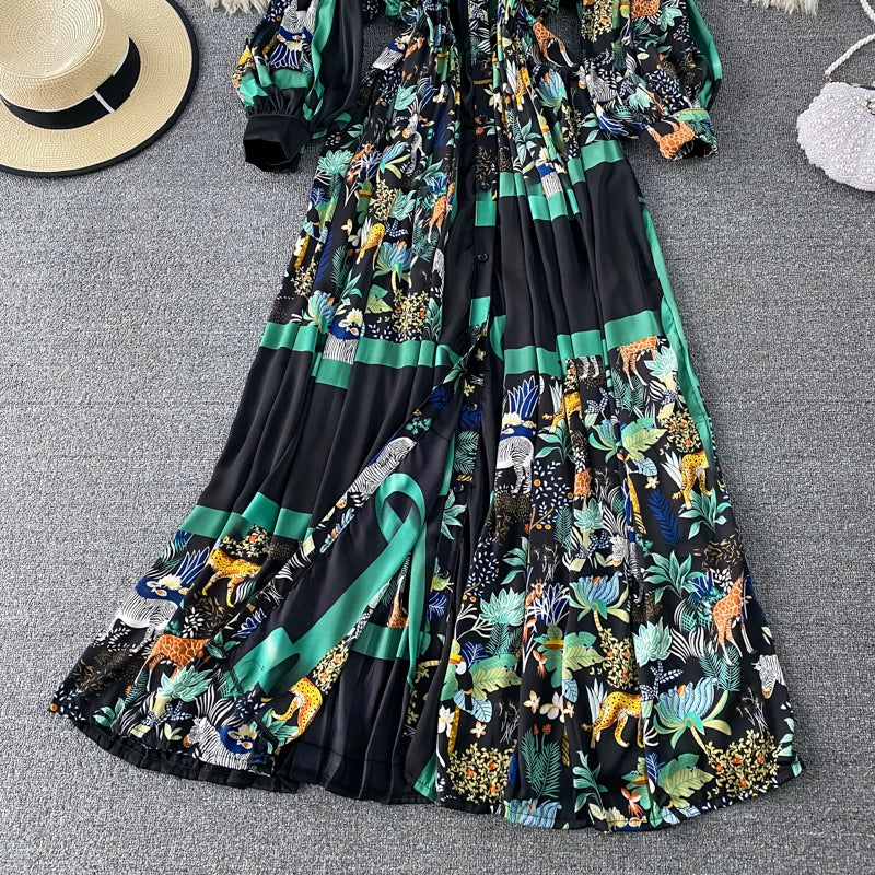 Vintage Women Casual Print Long Party Shirts Dress Elegant Single Breasted A-Line Prom Birthday Clothes Female Fashion Robe New