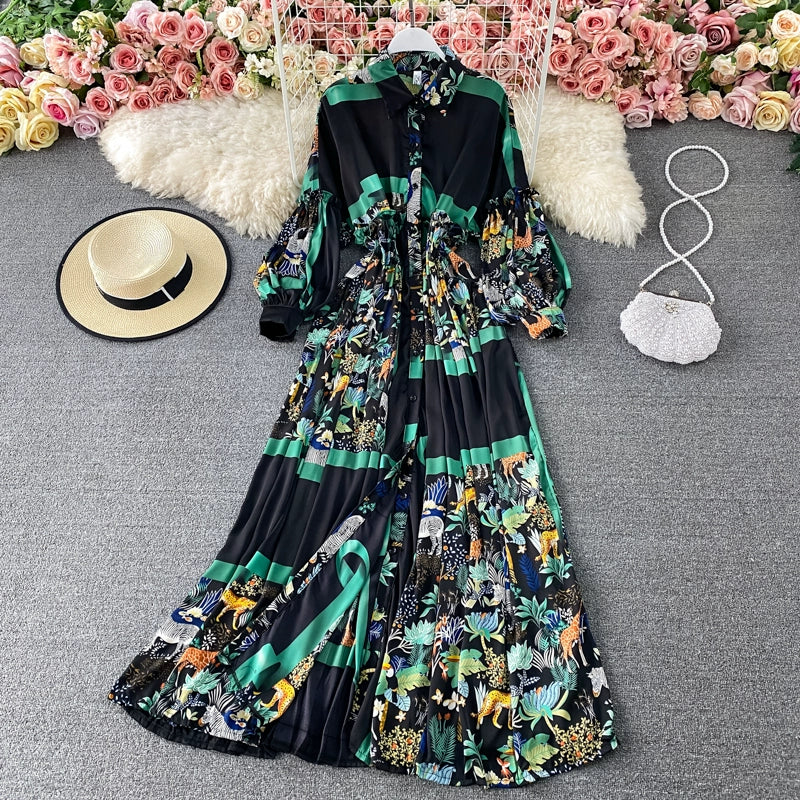 Vintage Women Casual Print Long Party Shirts Dress Elegant Single Breasted A-Line Prom Birthday Clothes Female Fashion Robe New