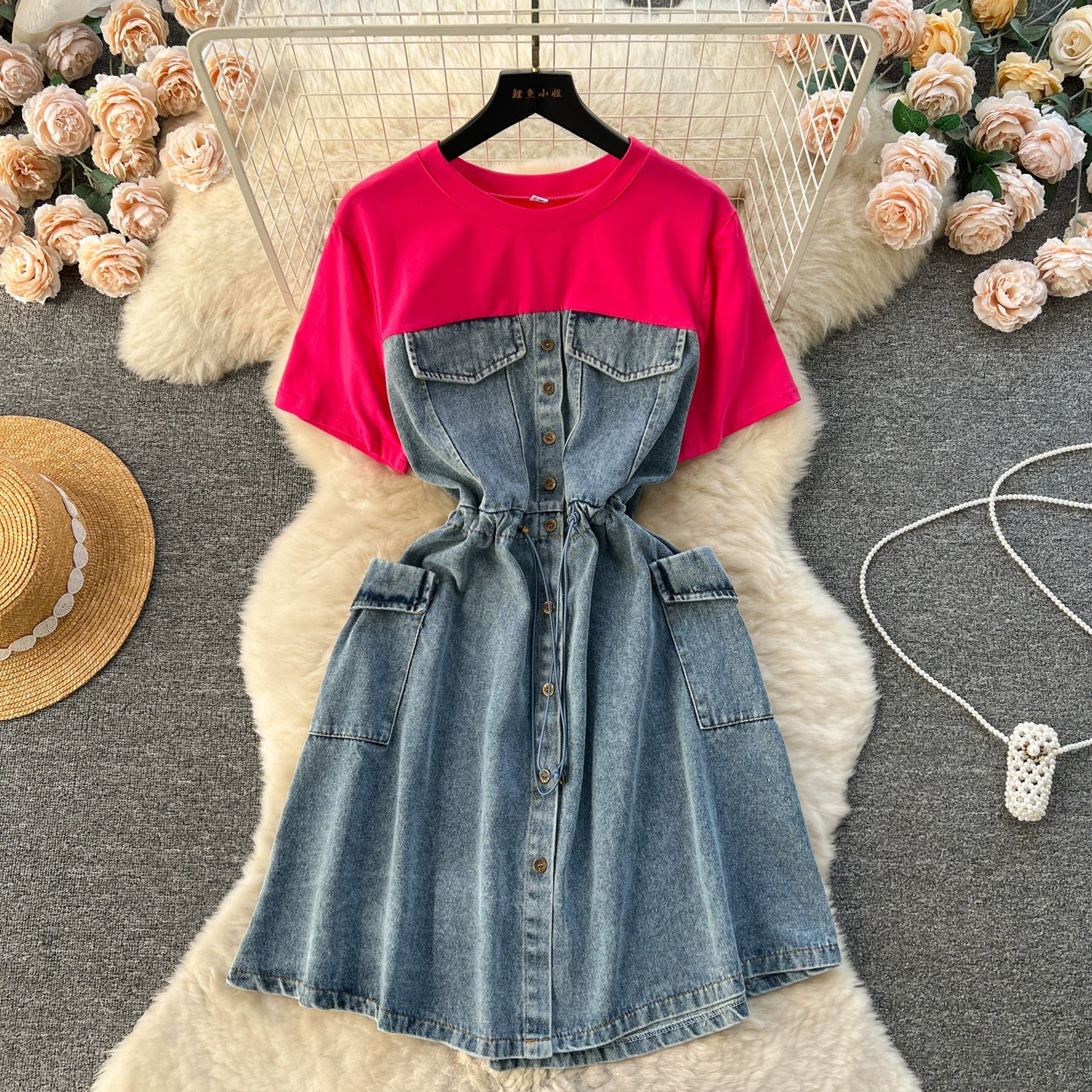 Spring Fashion Elegant Casual Women Patchwork Mini Denim Dress Vintage Slim Drawstring Dresses Female Party Clothes Robe New