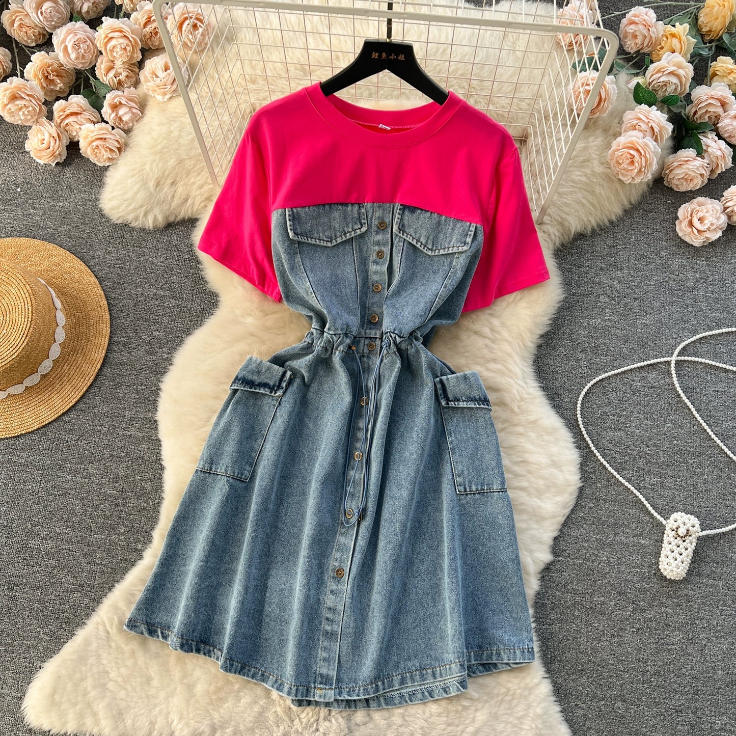Spring Fashion Elegant Casual Women Patchwork Mini Denim Dress Vintage Slim Drawstring Dresses Female Party Clothes Robe New