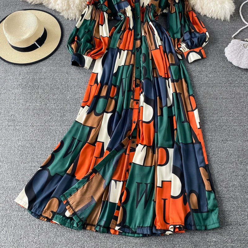 Vintage Women Casual Print Long Party Shirts Dress Elegant Single Breasted A-Line Prom Birthday Clothes Female Fashion Robe New