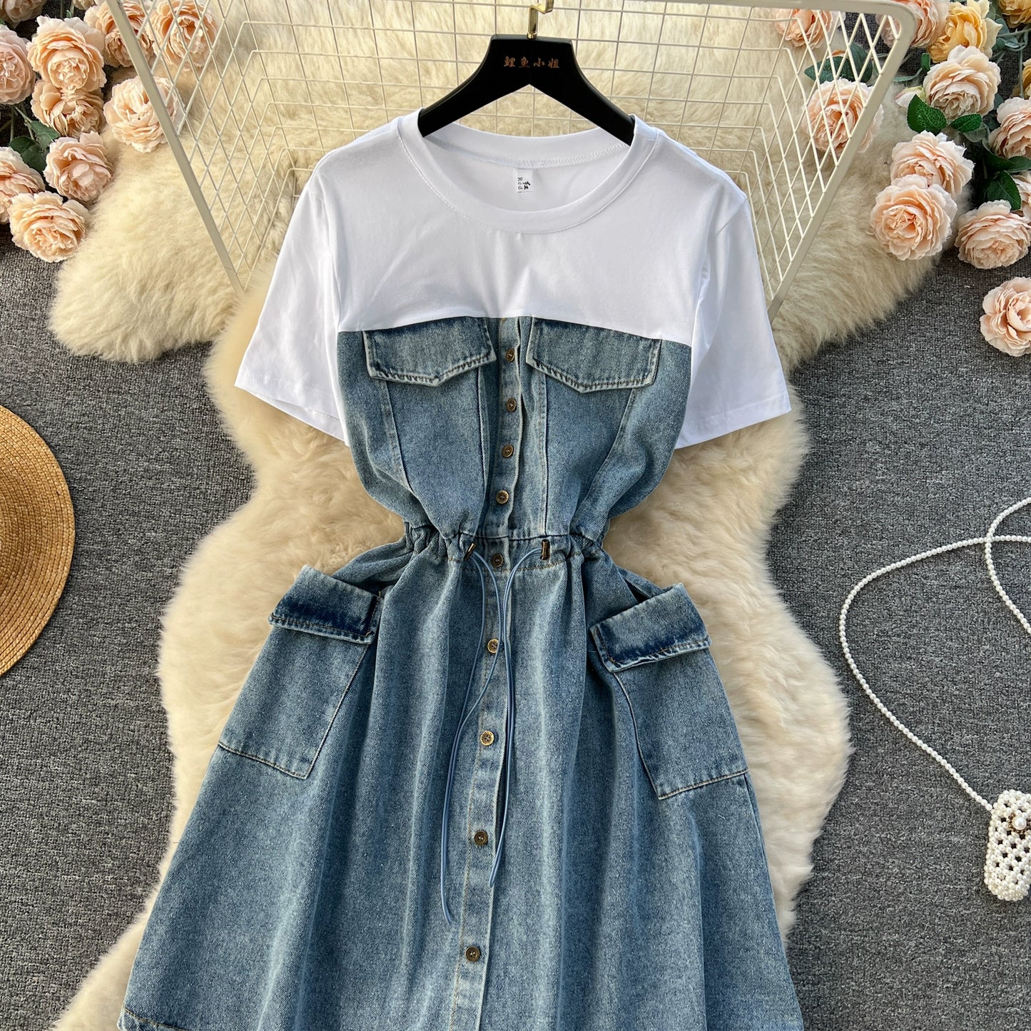 Spring Fashion Elegant Casual Women Patchwork Mini Denim Dress Vintage Slim Drawstring Dresses Female Party Clothes Robe New