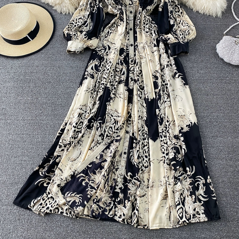Vintage Women Casual Print Long Party Shirts Dress Elegant Single Breasted A-Line Prom Birthday Clothes Female Fashion Robe New
