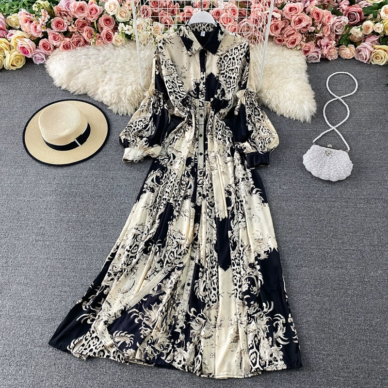 Vintage Women Casual Print Long Party Shirts Dress Elegant Single Breasted A-Line Prom Birthday Clothes Female Fashion Robe New