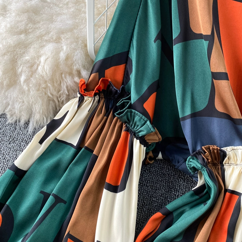 Vintage Women Casual Print Long Party Shirts Dress Elegant Single Breasted A-Line Prom Birthday Clothes Female Fashion Robe New