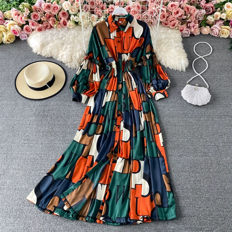 Vintage Women Casual Print Long Party Shirts Dress Elegant Single Breasted A-Line Prom Birthday Clothes Female Fashion Robe New