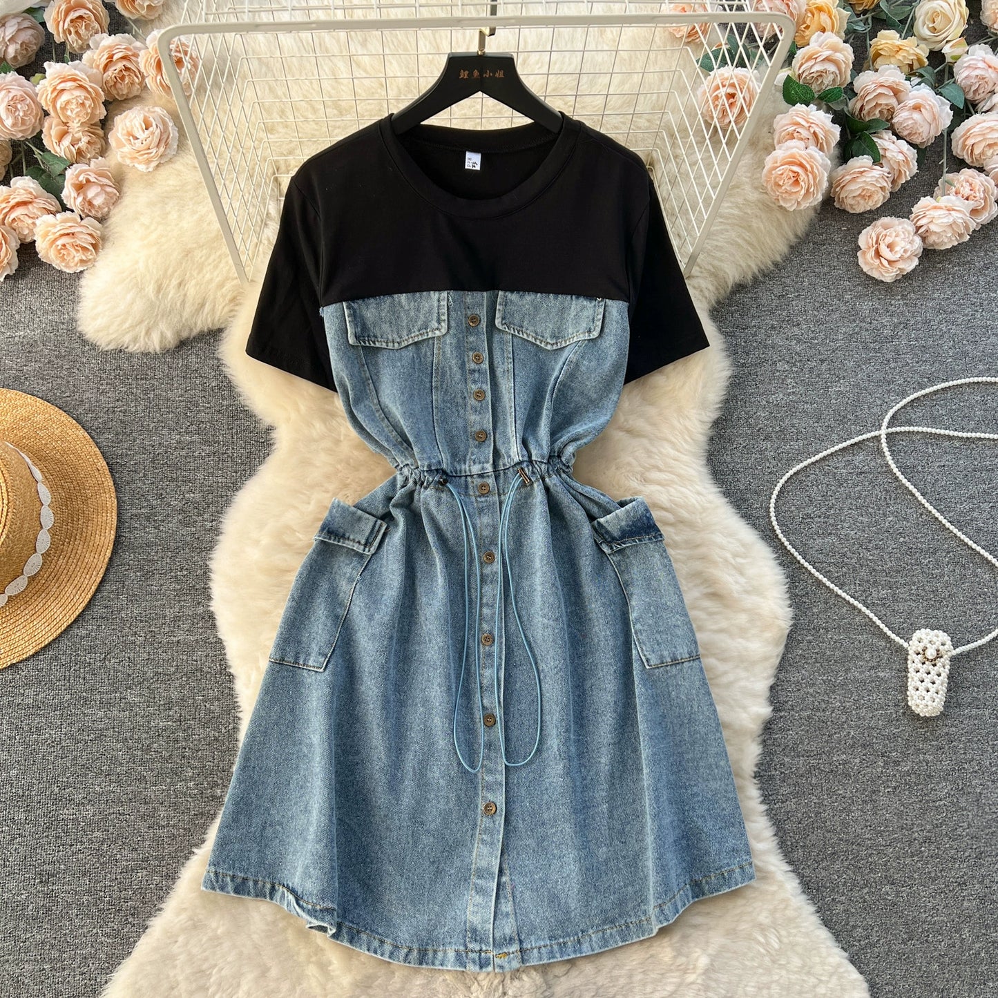 Spring Fashion Elegant Casual Women Patchwork Mini Denim Dress Vintage Slim Drawstring Dresses Female Party Clothes Robe New