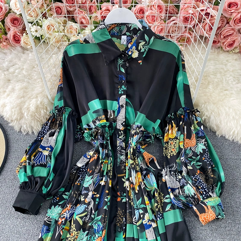 Vintage Women Casual Print Long Party Shirts Dress Elegant Single Breasted A-Line Prom Birthday Clothes Female Fashion Robe New