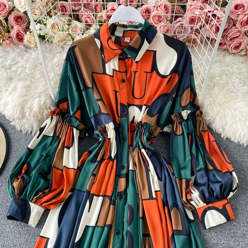 Vintage Women Casual Print Long Party Shirts Dress Elegant Single Breasted A-Line Prom Birthday Clothes Female Fashion Robe New