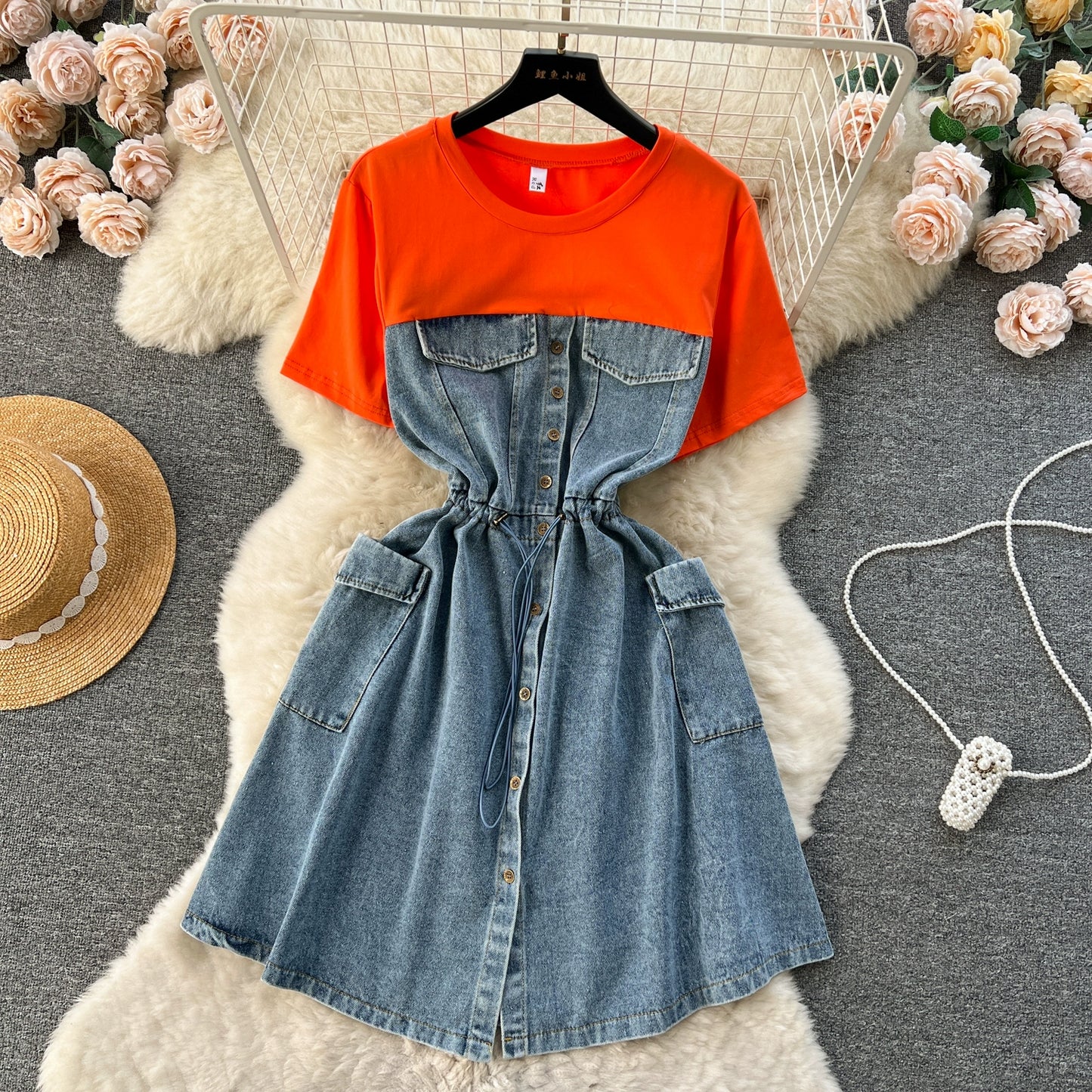 Spring Fashion Elegant Casual Women Patchwork Mini Denim Dress Vintage Slim Drawstring Dresses Female Party Clothes Robe New