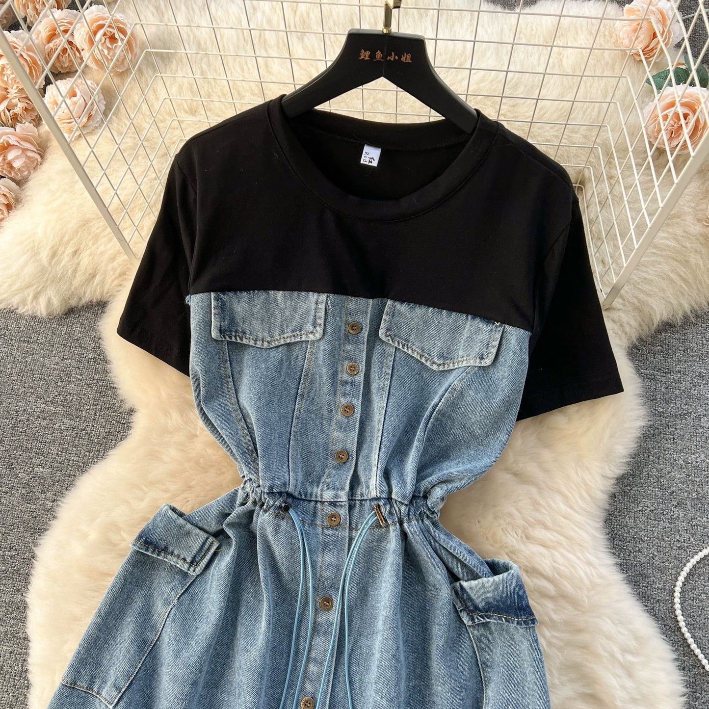 Spring Fashion Elegant Casual Women Patchwork Mini Denim Dress Vintage Slim Drawstring Dresses Female Party Clothes Robe New