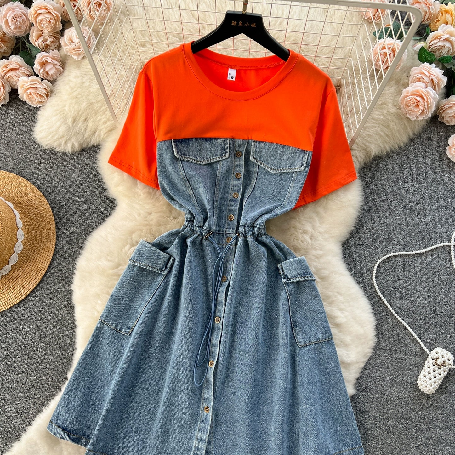 Spring Fashion Elegant Casual Women Patchwork Mini Denim Dress Vintage Slim Drawstring Dresses Female Party Clothes Robe New