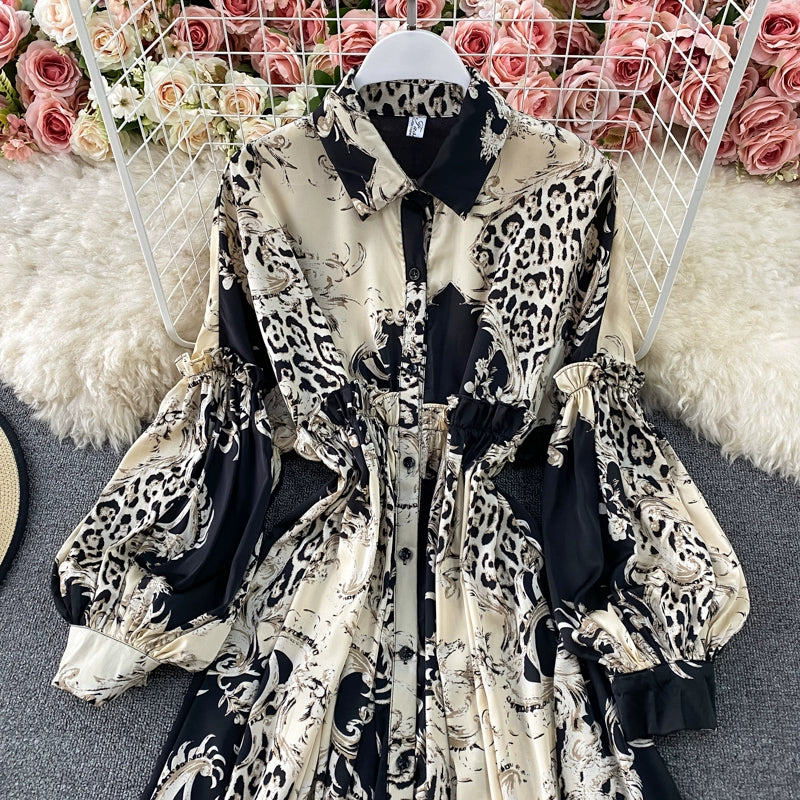 Vintage Women Casual Print Long Party Shirts Dress Elegant Single Breasted A-Line Prom Birthday Clothes Female Fashion Robe New