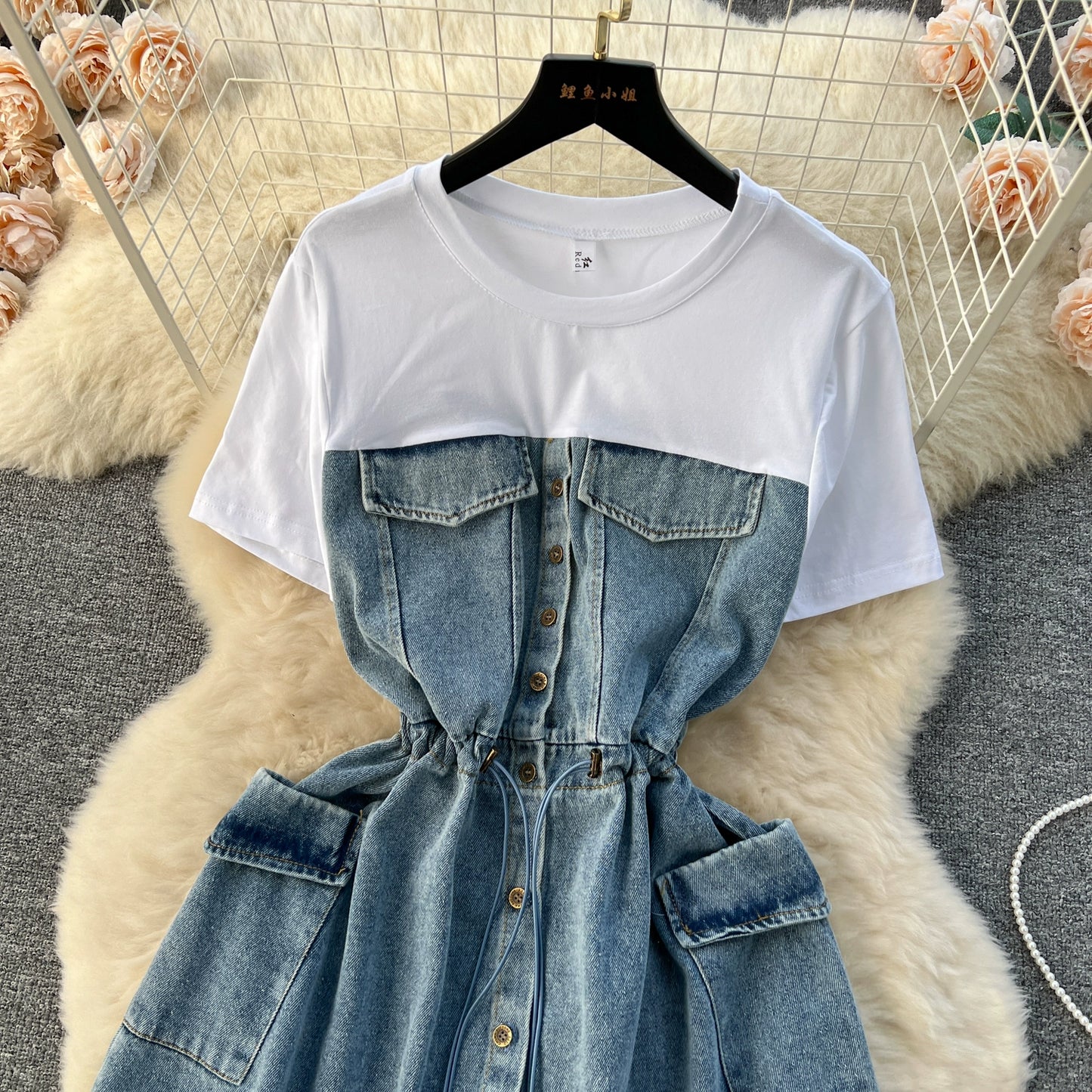 Spring Fashion Elegant Casual Women Patchwork Mini Denim Dress Vintage Slim Drawstring Dresses Female Party Clothes Robe New