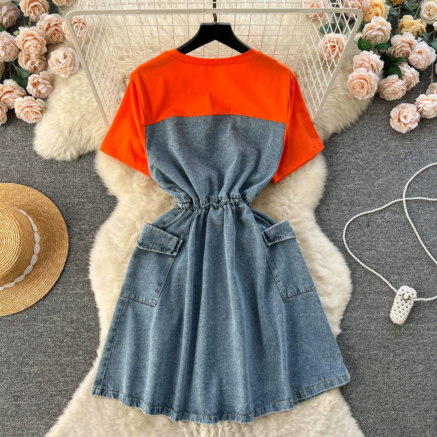 Spring Fashion Elegant Casual Women Patchwork Mini Denim Dress Vintage Slim Drawstring Dresses Female Party Clothes Robe New