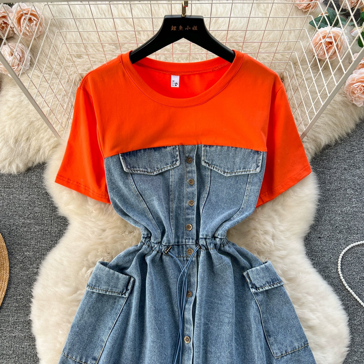 Spring Fashion Elegant Casual Women Patchwork Mini Denim Dress Vintage Slim Drawstring Dresses Female Party Clothes Robe New